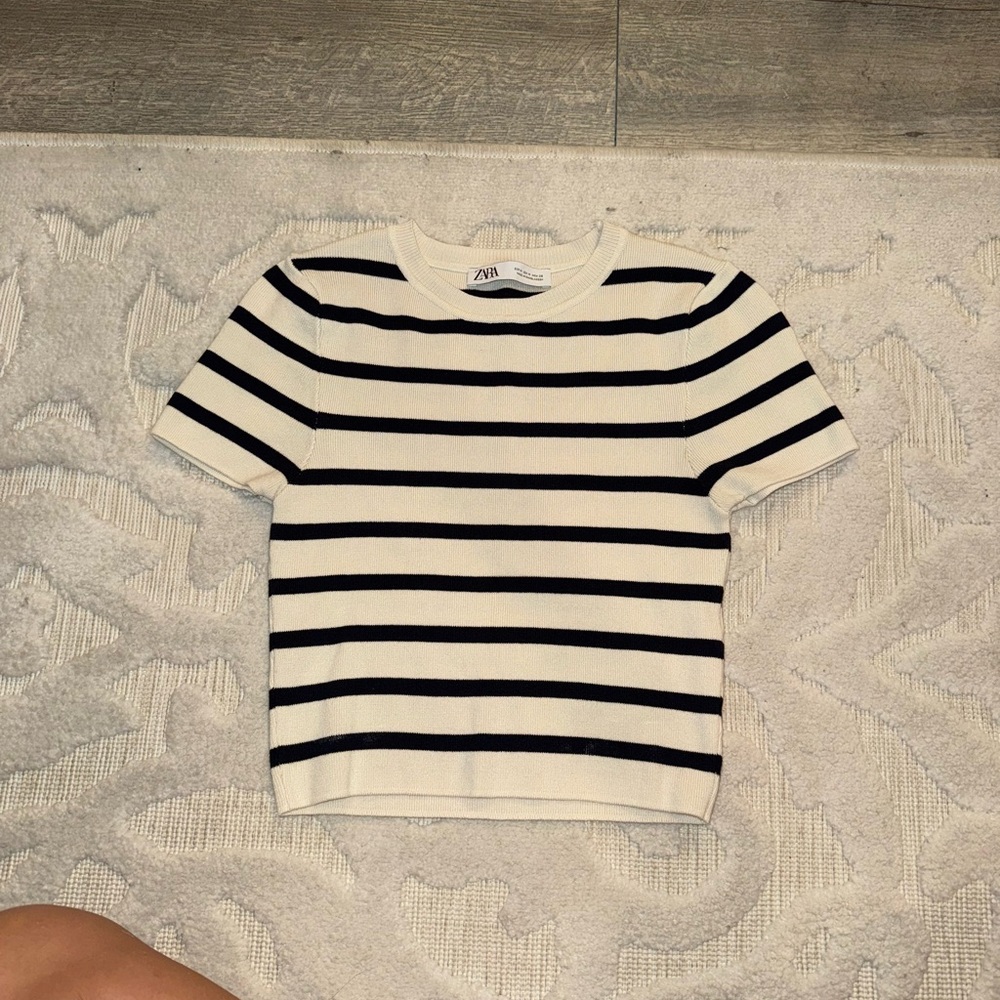Zara Cream and navy Striped Tee